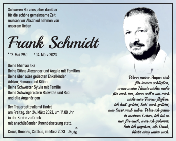 Traueranzeige von Frank Schmidt von Südthüringer Presse