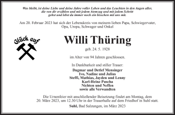 Traueranzeige von Willi Thüring von Südthüringer Presse