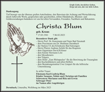 Traueranzeige von Christa Blum von Südthüringer Presse