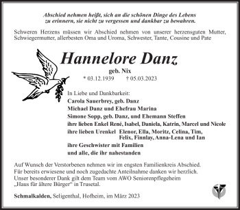 Traueranzeige von Hannelore Danz von Südthüringer Presse