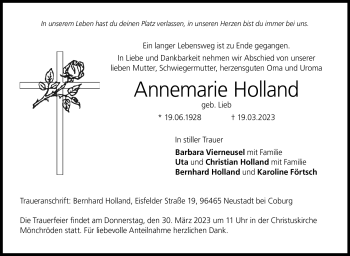 Traueranzeige von Annemarie Holland von Neue Presse Coburg