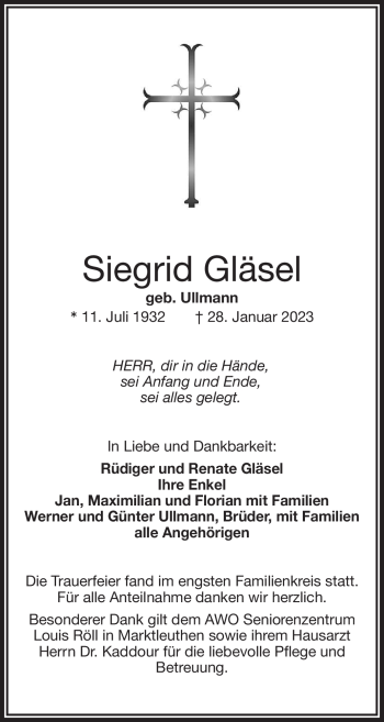 Traueranzeige von Siegrid Gläsel von Frankenpost