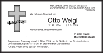 Traueranzeige von Otto Weigl von Frankenpost