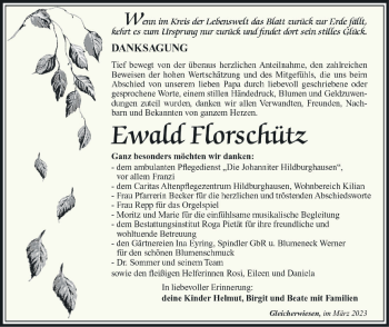 Traueranzeige von Ewald Florschütz von Südthüringer Presse