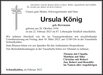 Traueranzeige von Ursula König von Südthüringer Presse