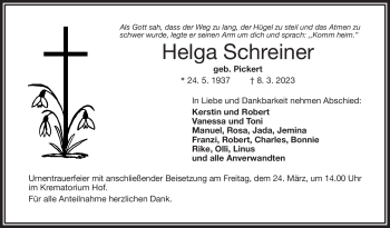 Traueranzeige von Helga Schreiner von Frankenpost