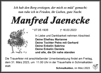 Traueranzeige von Manfred Jaenecke von Südthüringer Presse