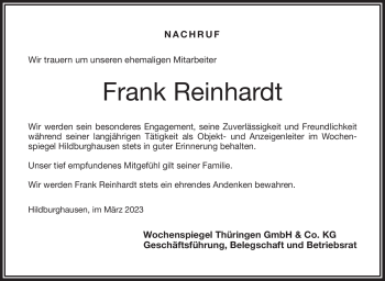 Traueranzeige von Frank Reinhardt von Südthüringer Presse