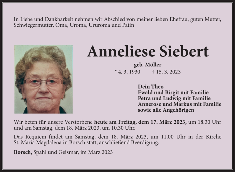  Traueranzeige für Anneliese Siebert vom 17.03.2023 aus Südthüringer Presse