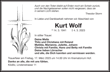 Traueranzeige von Kurt Wolf von Frankenpost
