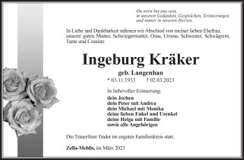 Traueranzeige von Ingeburg Kräker von Südthüringer Presse