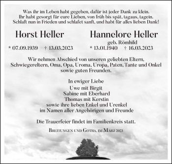 Traueranzeige von Horst Heller Hannelore Heller von Südthüringer Presse