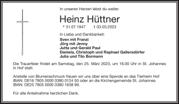 Traueranzeige von Heinz Hüttner von Frankenpost