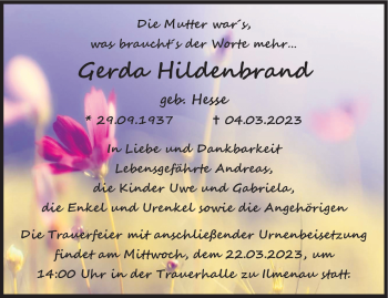 Traueranzeige von Gerda Hildebrandt von Südthüringer Presse