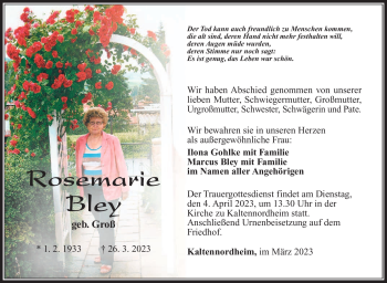Traueranzeige von Rosemarie Bley von Südthüringer Presse