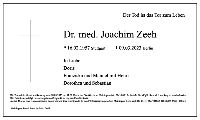  Traueranzeige für Joachim Zeeh vom 15.03.2023 aus Südthüringer Presse