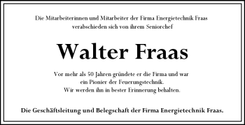 Traueranzeige von Walter Fraas von Frankenpost