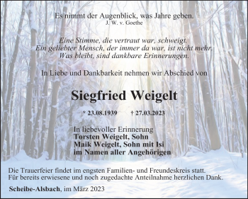 Traueranzeige von Siegfried Weigelt von Südthüringer Presse