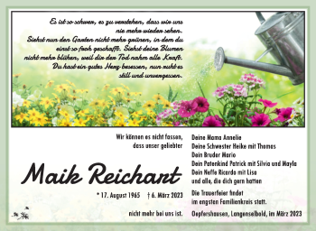 Traueranzeige von Maik Reichart von Südthüringer Presse
