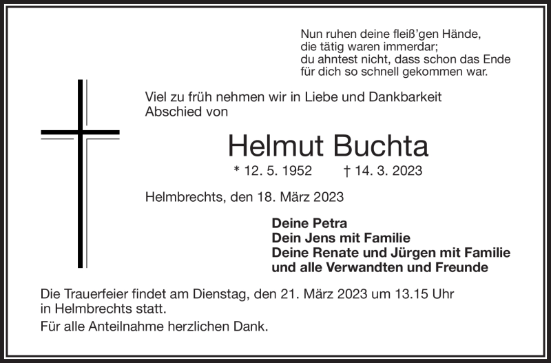  Traueranzeige für Helmut Buchta vom 18.03.2023 aus Frankenpost