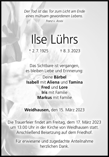 Traueranzeige von Ilse Lührs von Neue Presse Coburg