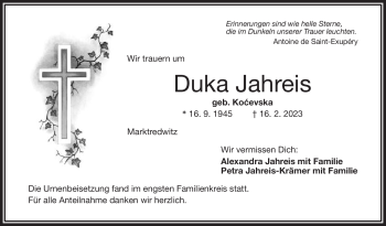 Traueranzeige von Duka Jahreis von Frankenpost