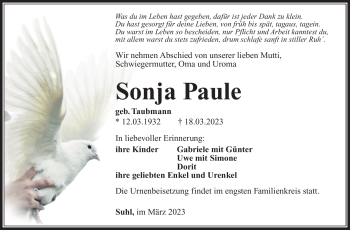 Traueranzeige von Sonja Paule von Südthüringer Presse