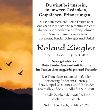 Traueranzeige von Roland Ziegler von Südthüringer Presse