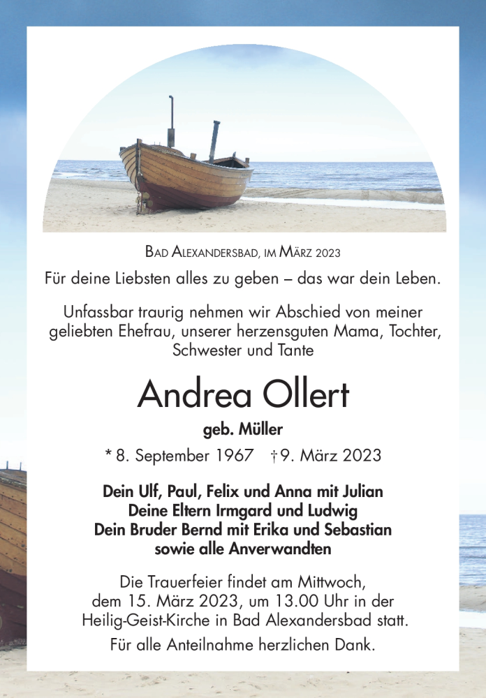  Traueranzeige für Andrea Ollert vom 11.03.2023 aus Frankenpost