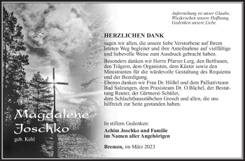 Traueranzeige von Magdalene Joschko von Südthüringer Presse