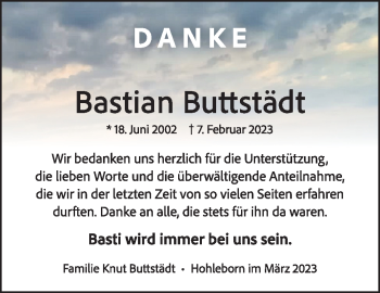 Traueranzeige von Bastian Buttstädt von Südthüringer Presse