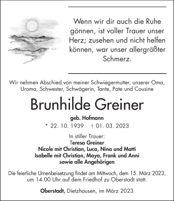 Traueranzeige von Brunhilde Greiner von Südthüringer Presse