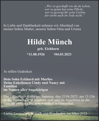 Traueranzeige von Hilde Münch von Südthüringer Presse