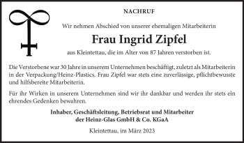 Traueranzeige von Ingrid Zipfel von Neue Presse Coburg