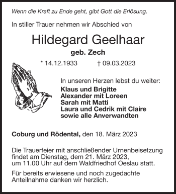 Traueranzeige von Hildegard Geelhaar von Neue Presse Coburg