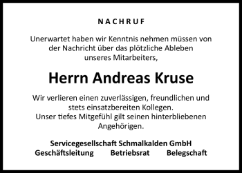 Traueranzeige von Andreas Kruse von Südthüringer Presse