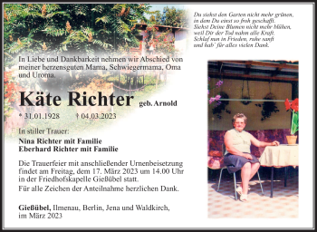 Traueranzeige von Käte Richter von Südthüringer Presse