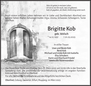 Traueranzeige von Brigitte Kob von Südthüringer Presse