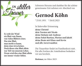 Traueranzeige von Gernod Köhn von Südthüringer Presse