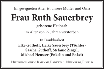 Traueranzeige von Ruth Sauerbrey von Südthüringer Presse
