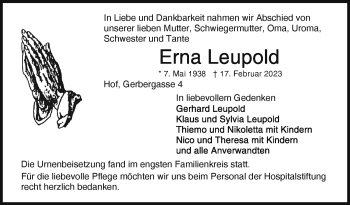 Traueranzeige von Erna Leupold von Frankenpost