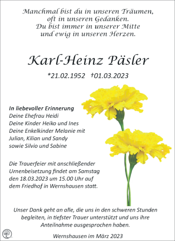 Traueranzeige von Karl-Heinz Päsler von Südthüringer Presse
