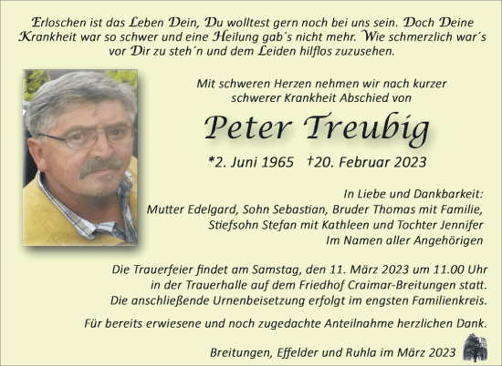 Traueranzeige von Peter Treubig von Südthüringer Presse