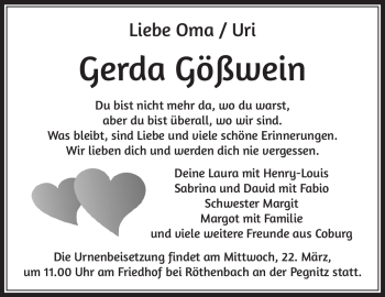 Traueranzeige von Gerda Gößwein von Neue Presse Coburg