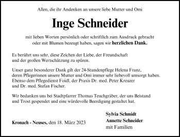 Traueranzeige von Inge Schneider von Neue Presse Coburg