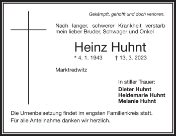 Traueranzeige von Heinz Huhn von Frankenpost