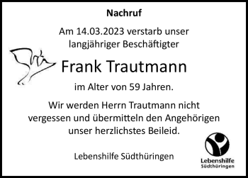 Traueranzeige von Frank Trautmann von Südthüringer Presse