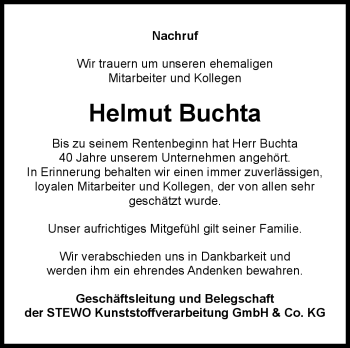 Traueranzeige von Helmut Buchta von Frankenpost