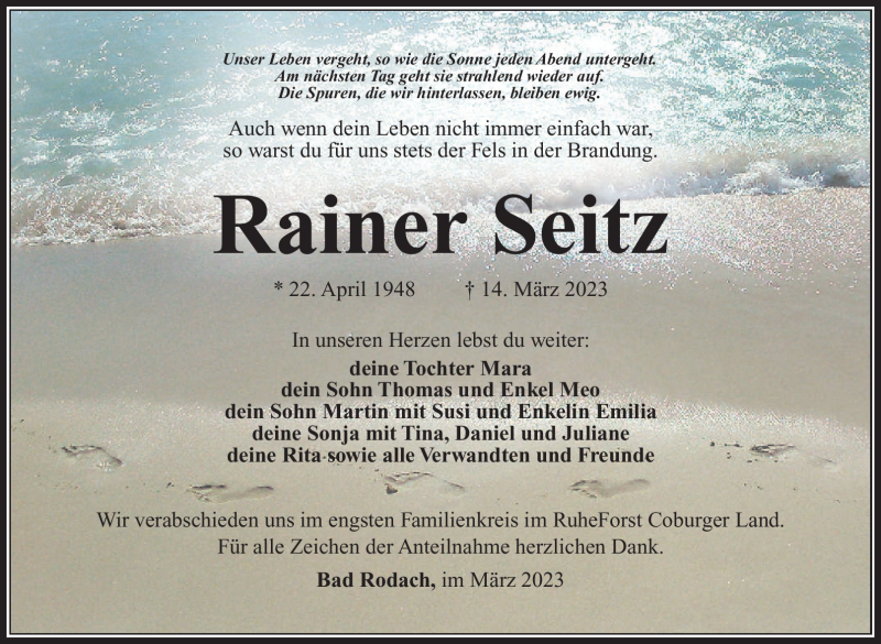  Traueranzeige für Rainer Seitz vom 18.03.2023 aus Südthüringer Presse