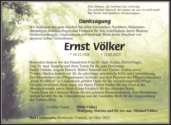 Traueranzeige von Ernst Völker von Südthüringer Presse